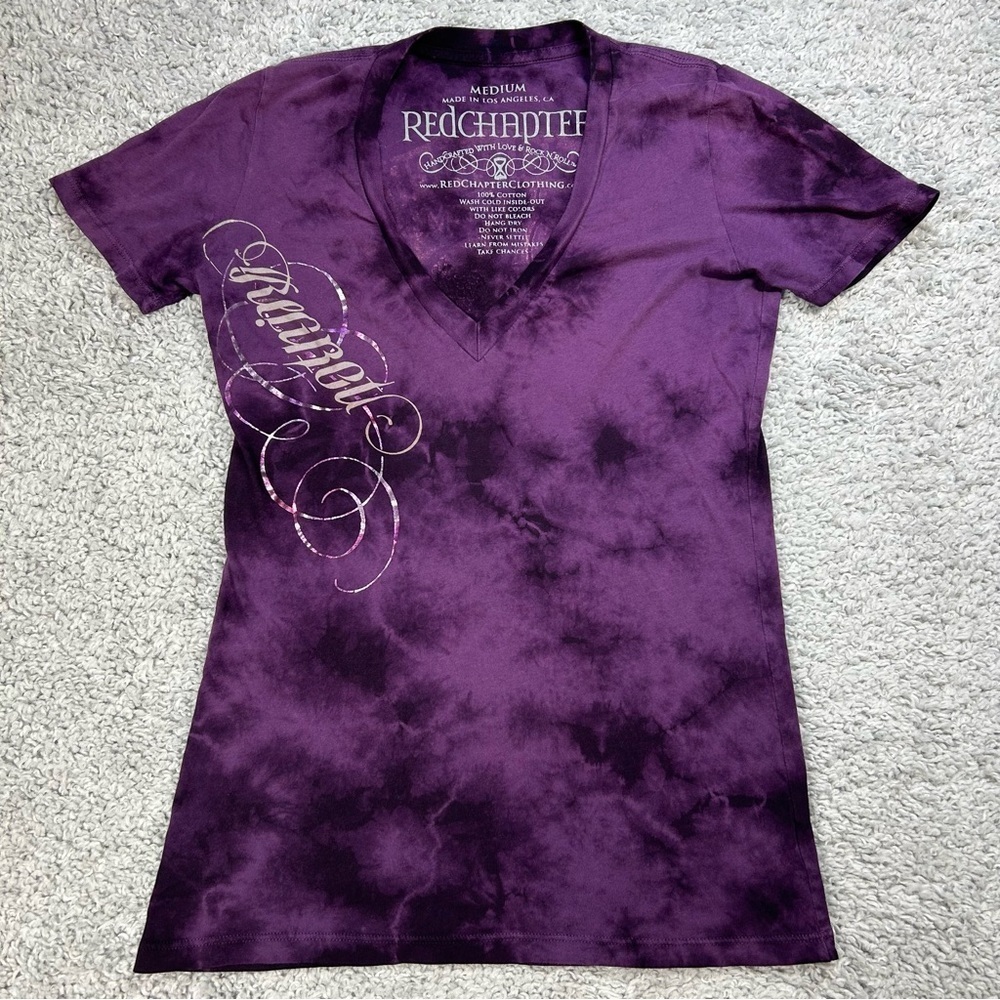 Redchapter Shirt Womens Medium Purple Vneck Peacock Regret Script Love Rock Roll